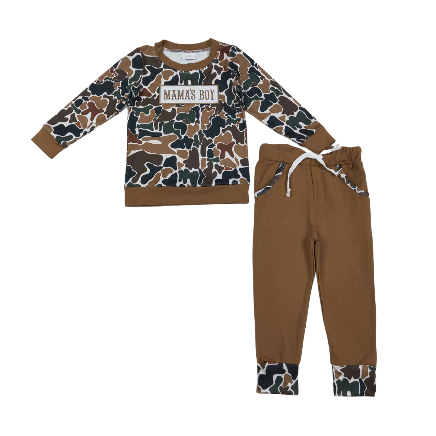 Brown Camo Embroidered Mama’s Boy Set