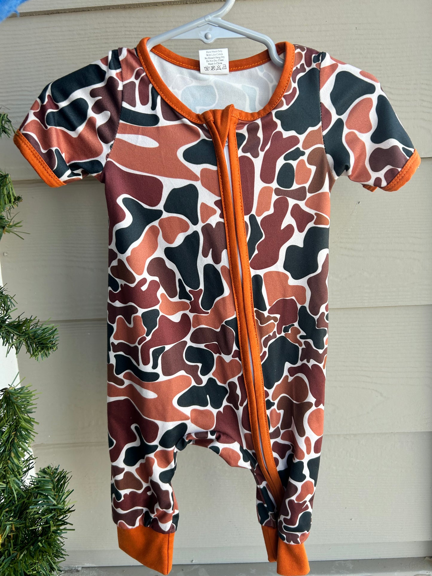 Orange camo zippy romper