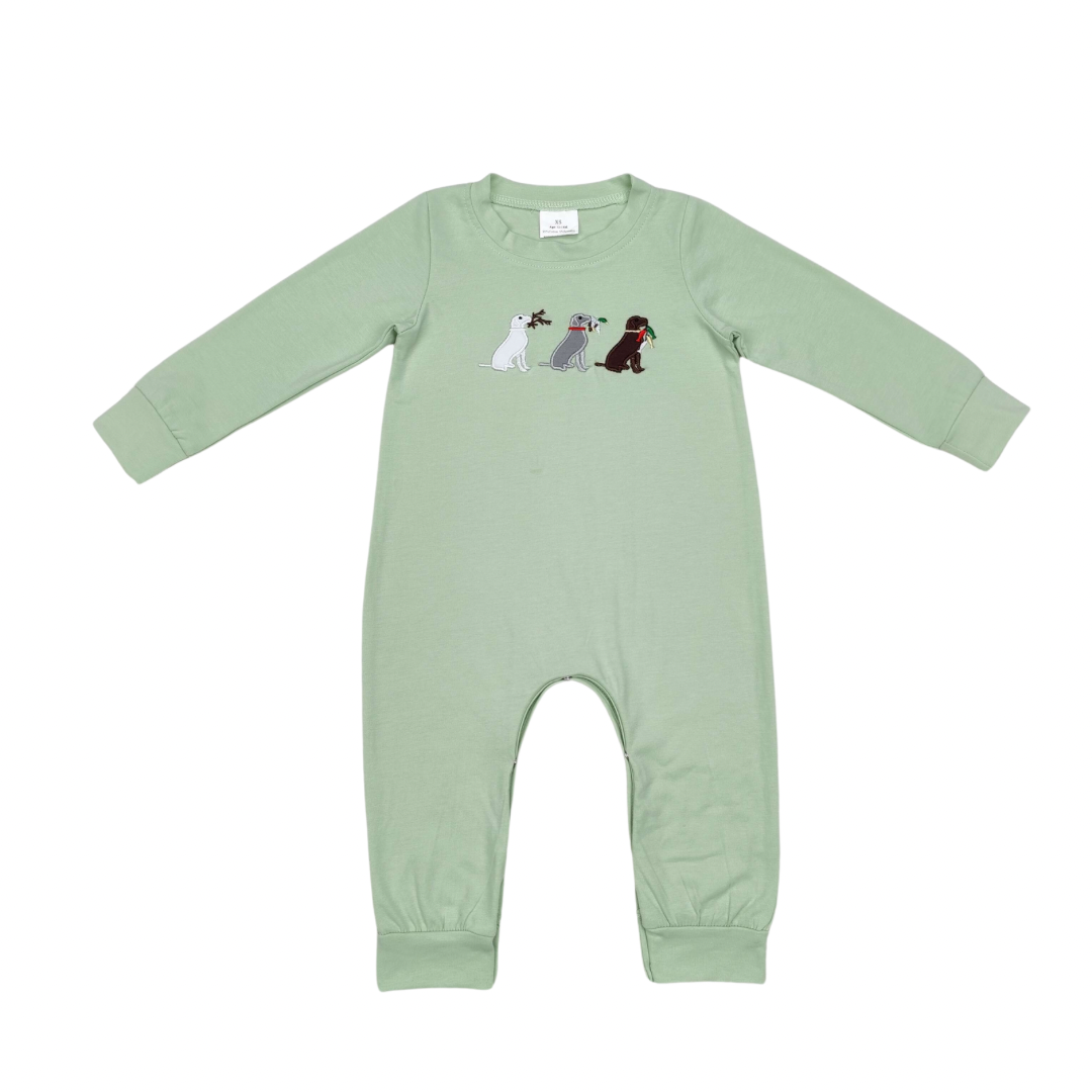Light Green Embroidered Hunting Dogs Romper