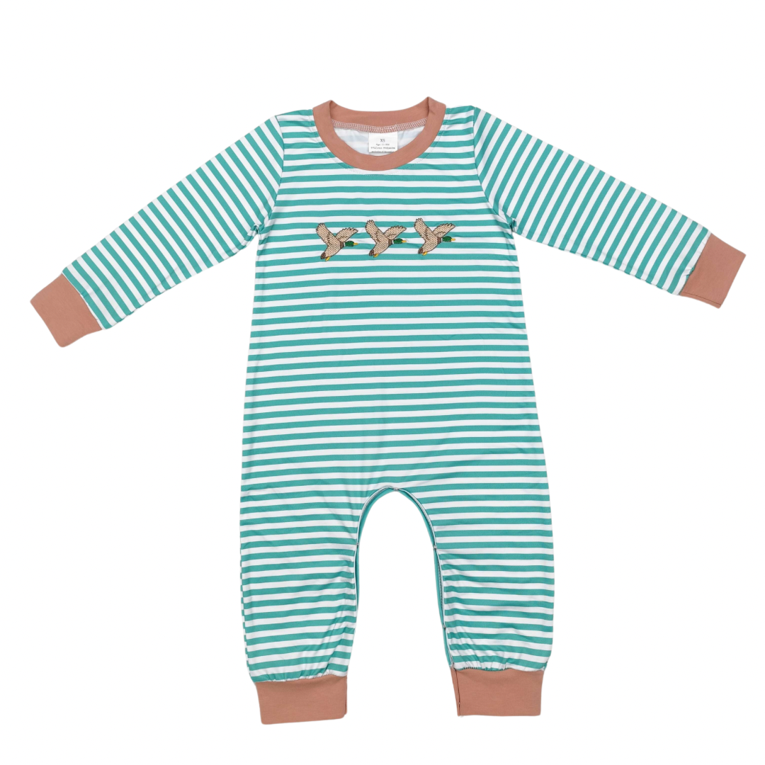 Embroidered Green Striped Mallard Long Romper