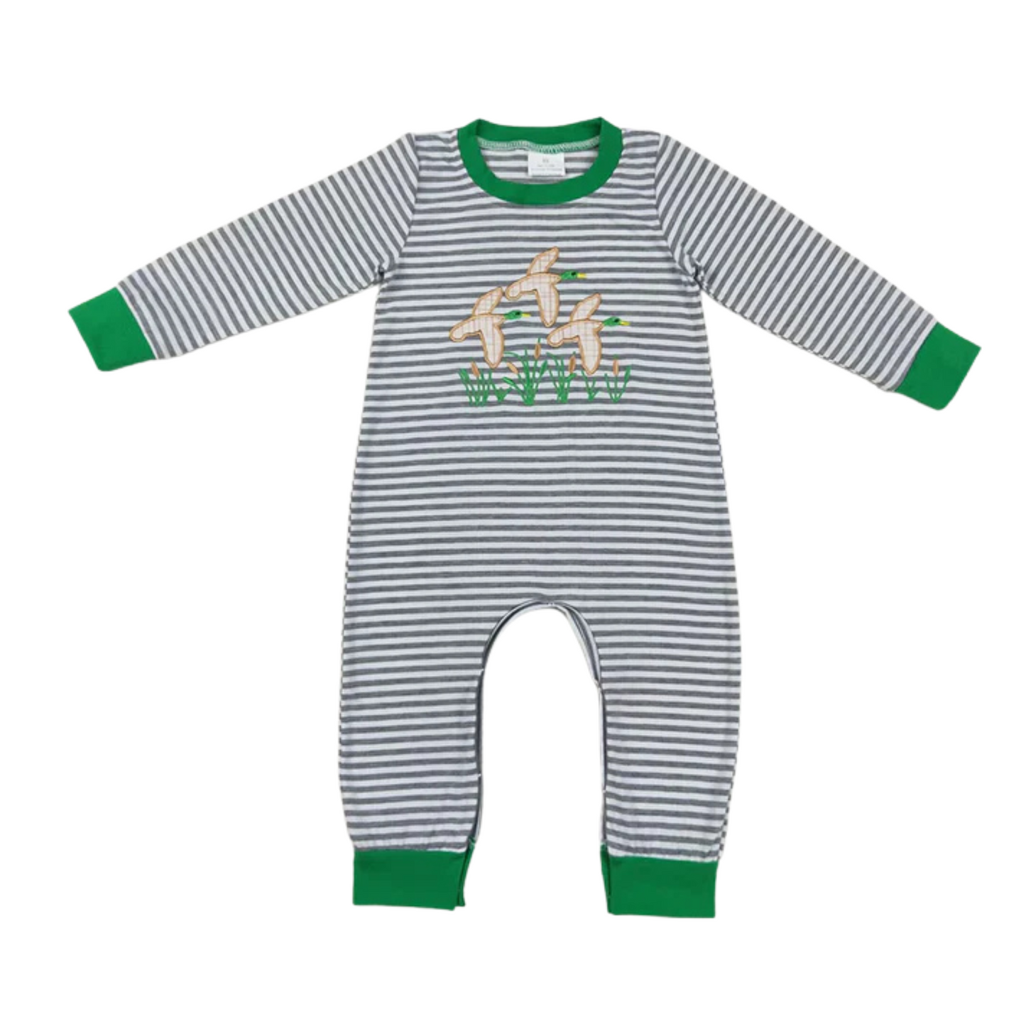 Embroidered Striped Flying Ducks Long Romper