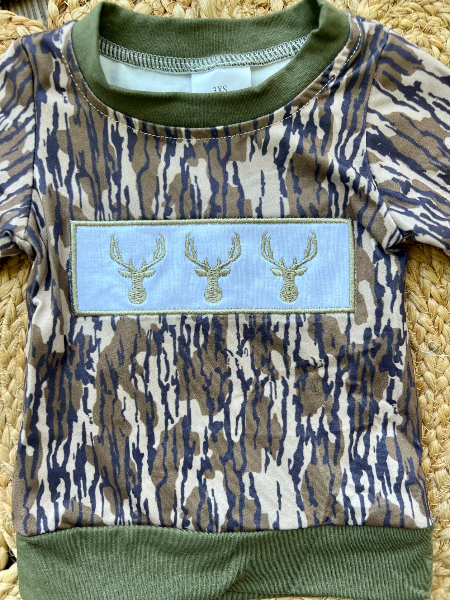 Dark Camo Embroidered Deer Long Sleeve Top