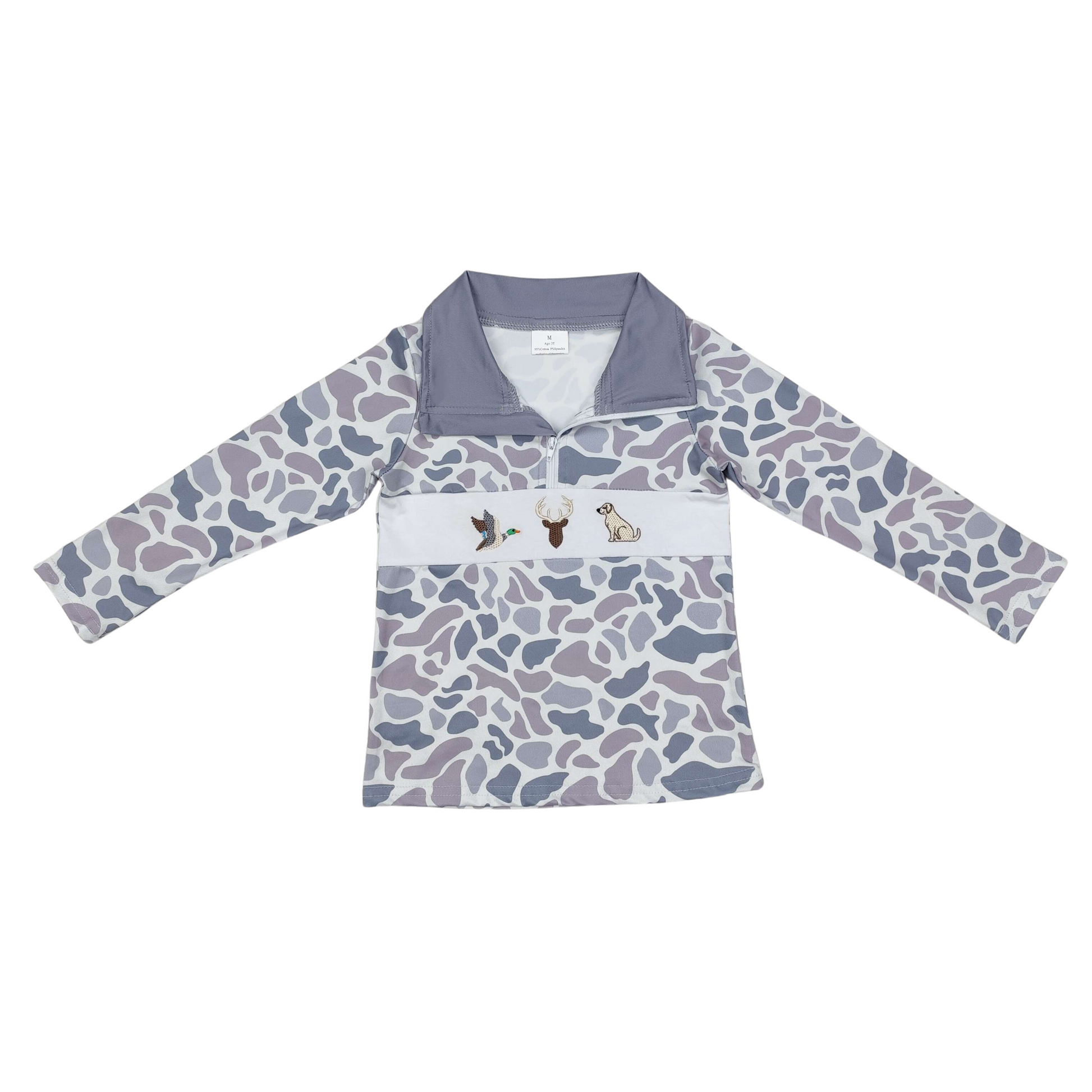Embroidered Light Camo Duck, Deer, Fish Pullover