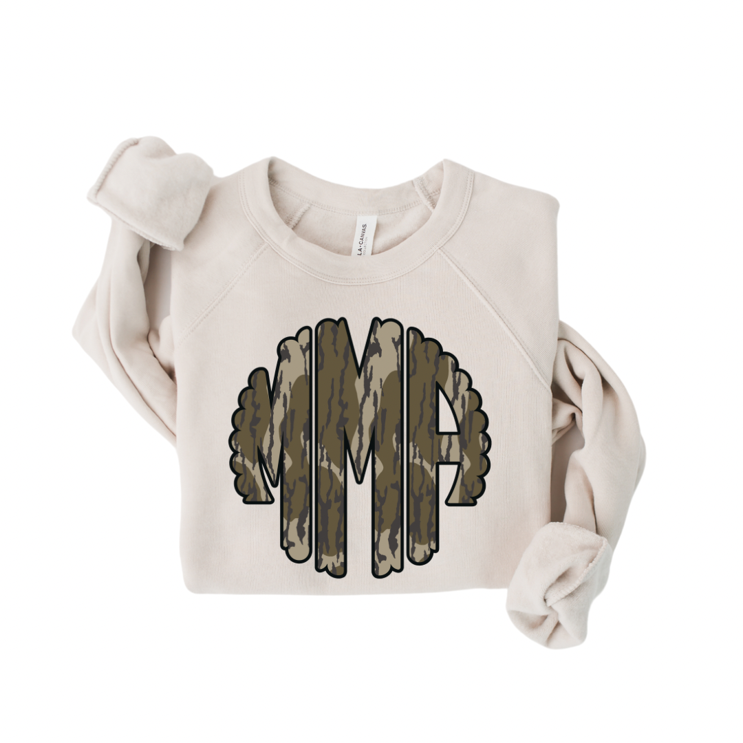 Camo Scalloped Monogram Crewneck - Bella Canvas