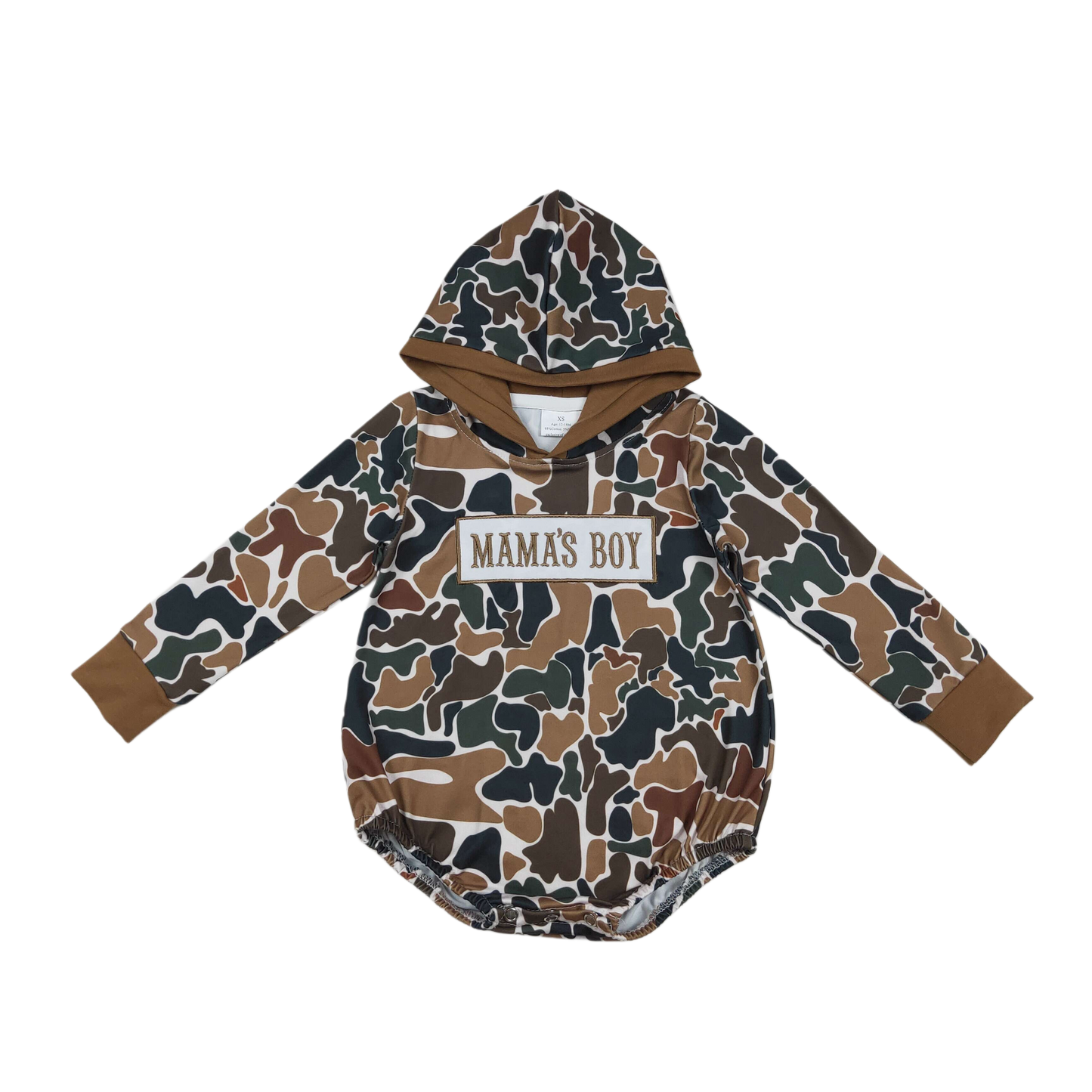 Brown Camo Embroidered Mama’s Boy Hooded Romper