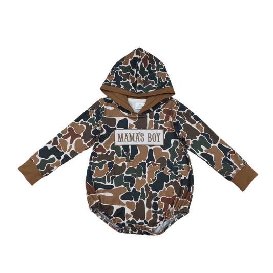 Brown Camo Embroidered Mama’s Boy Hooded Romper