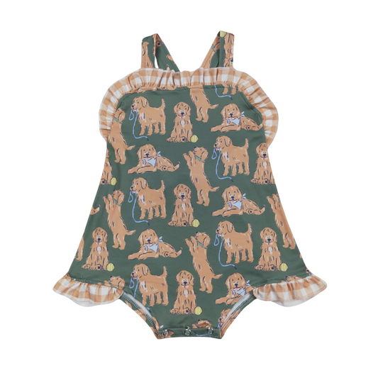 Golden Retriever Plaid Bow Romper