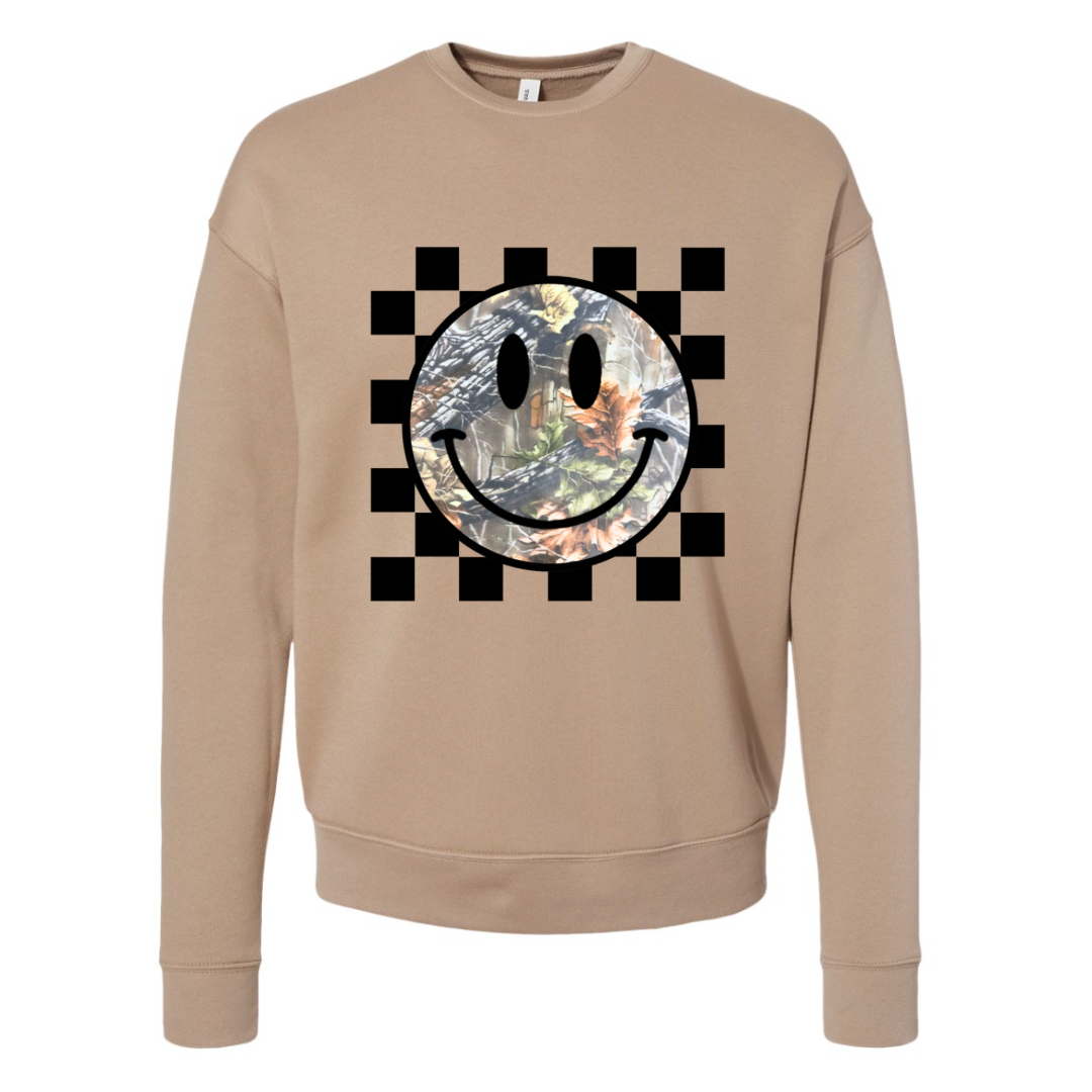Checkered Camo Smiley Crewneck - Bella Canvas
