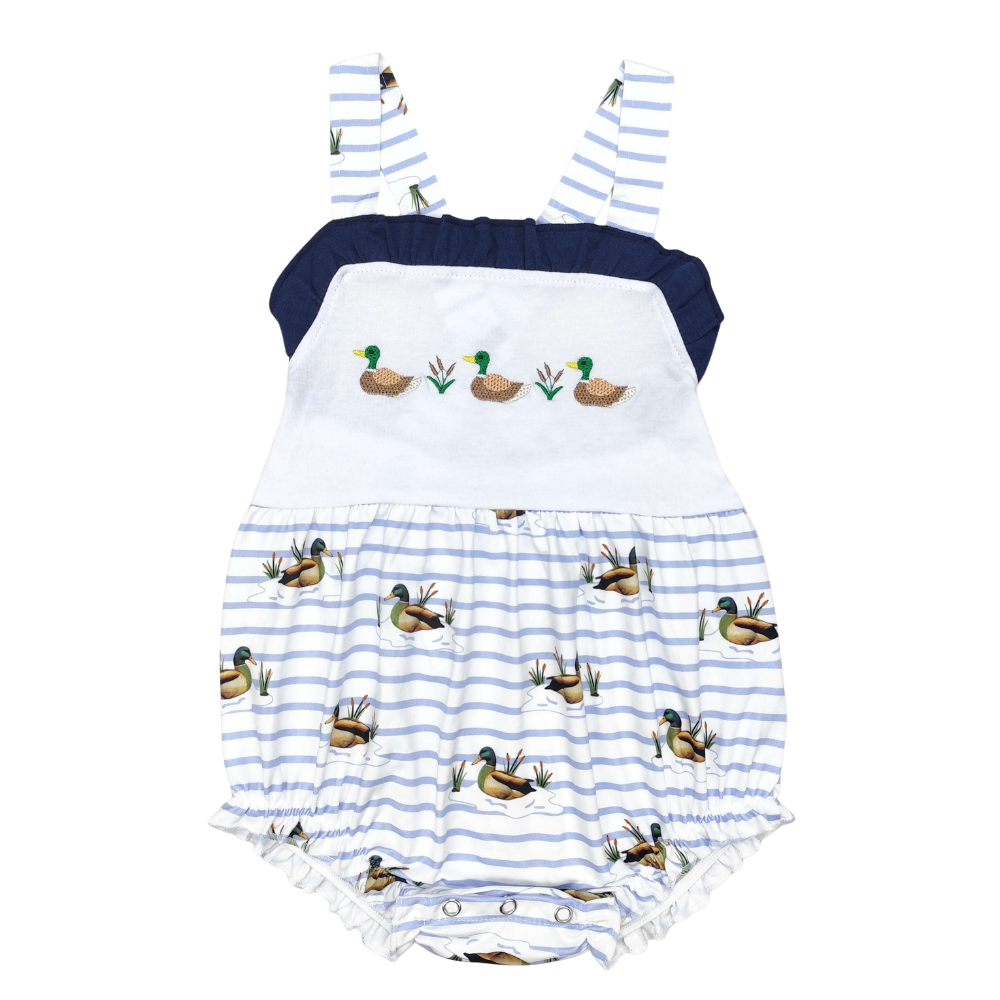 Embroidered Ducks Striped Romper