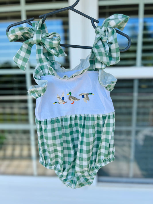 Girls Green Embroidered Ducks Romper