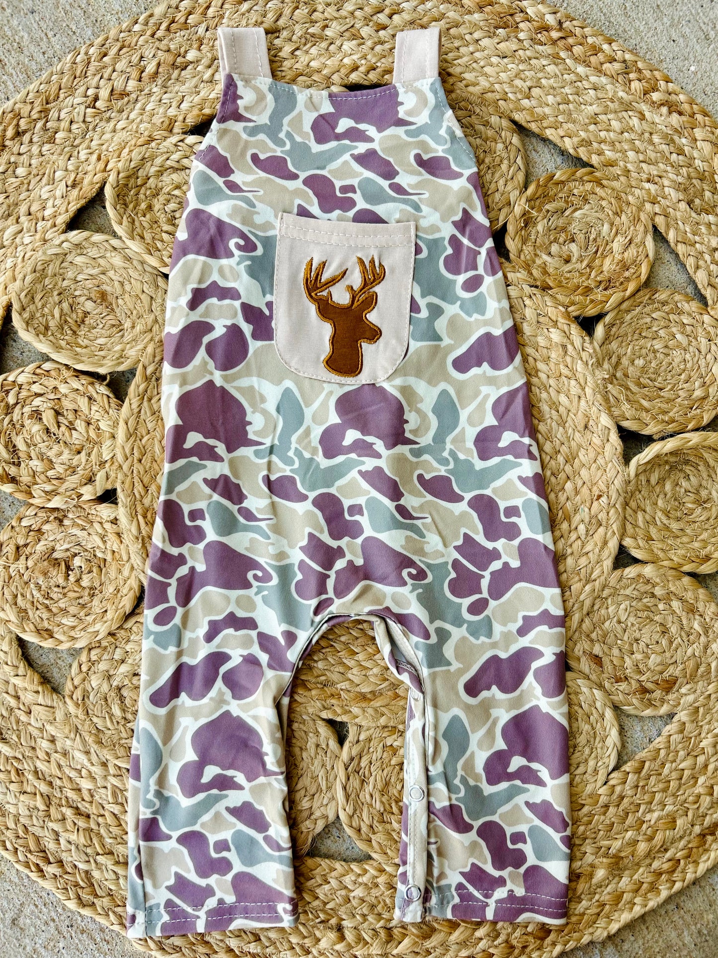 Embroidered Deer Camo Long Romper