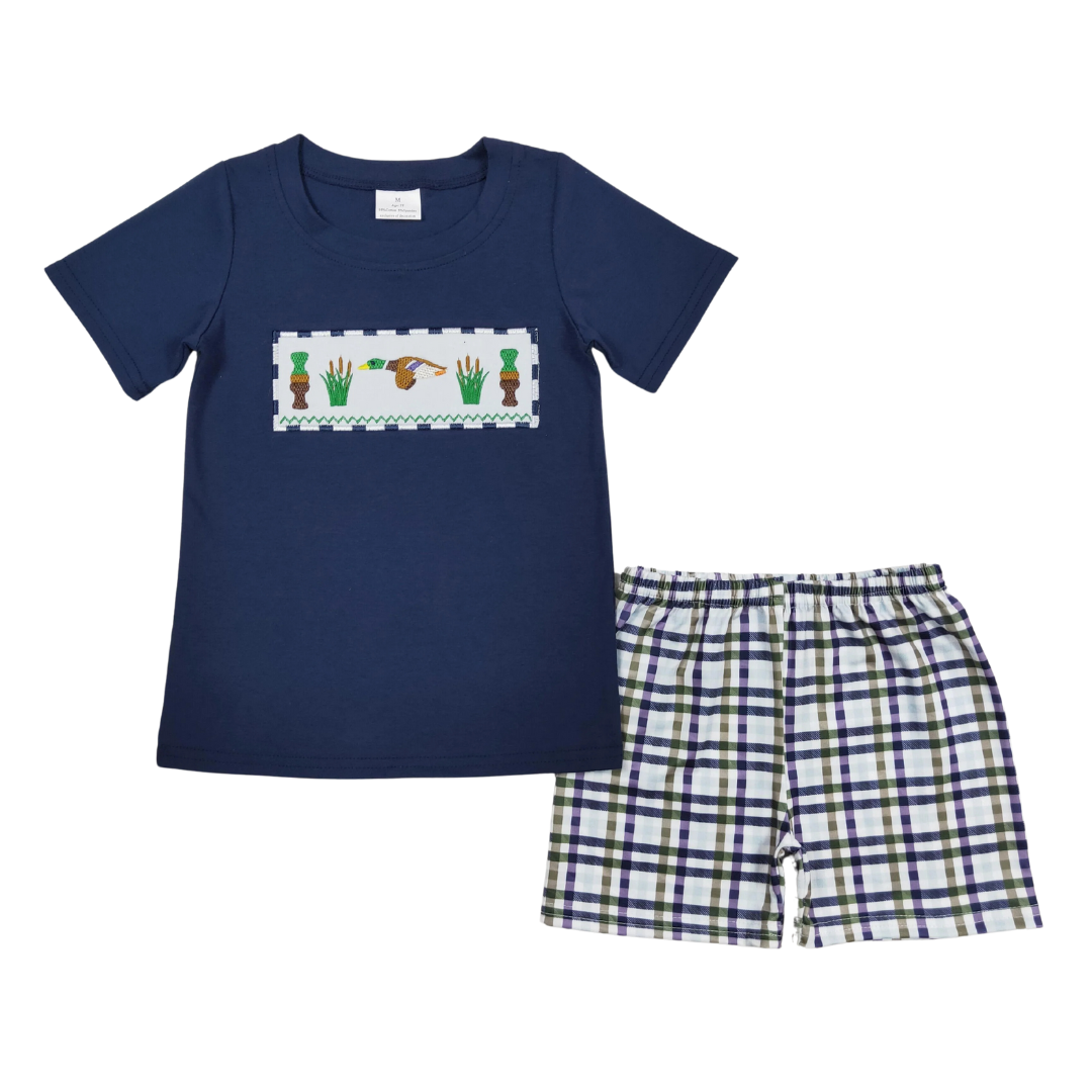Navy Embroidered Mallard Plaid Set