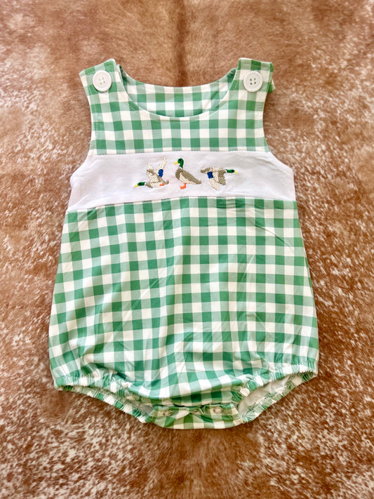 Green Plaid Boys Embroidered Duck Romper