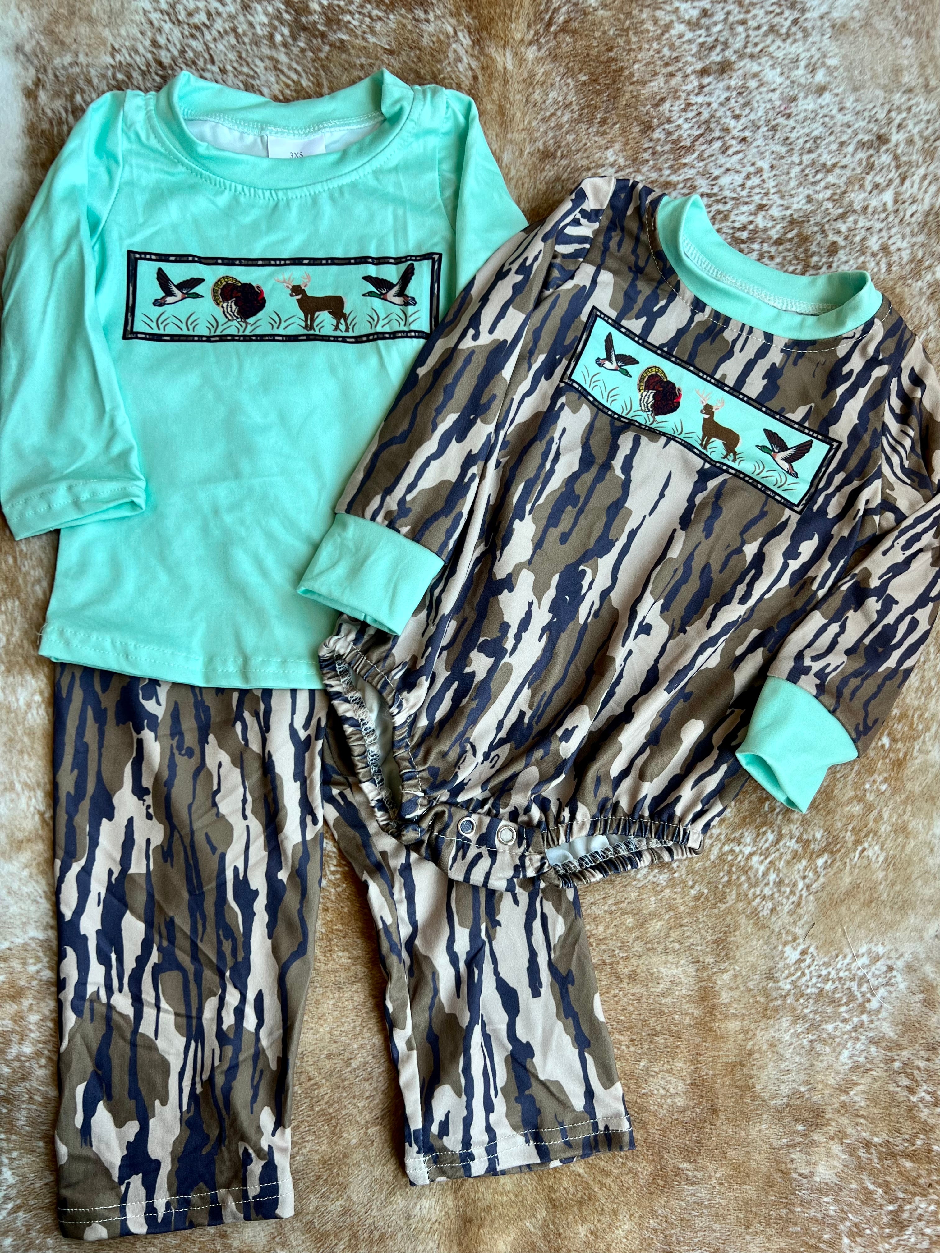 Teal Camo Printed LS Set/Romper