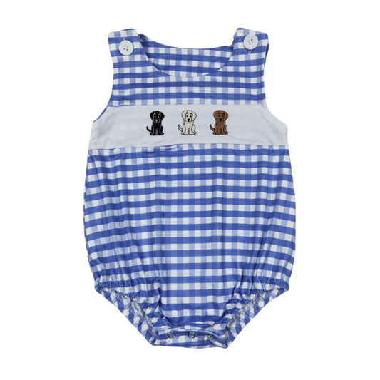 Blue Plaid Embroidered Dogs Romper