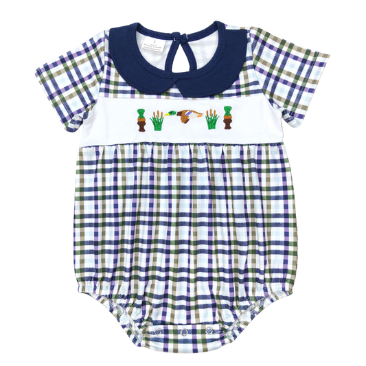 Plaid Collard Embroidered Duck Romper