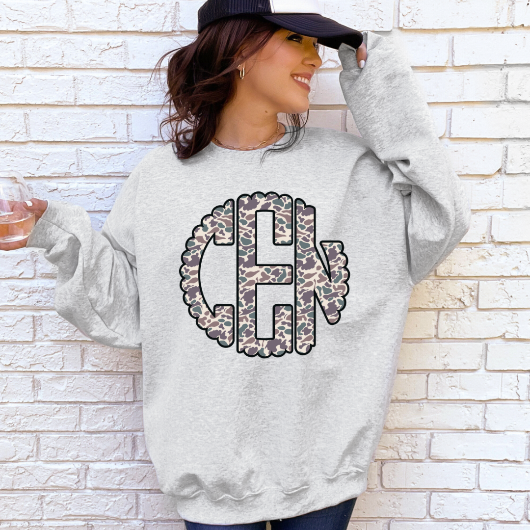 Retro Camo Scalloped Monogram Crewneck - 2 colors