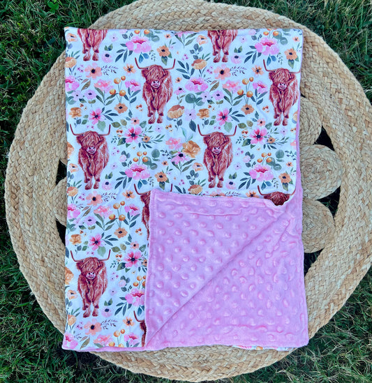 Pink Highland Cow Minky Blanket
