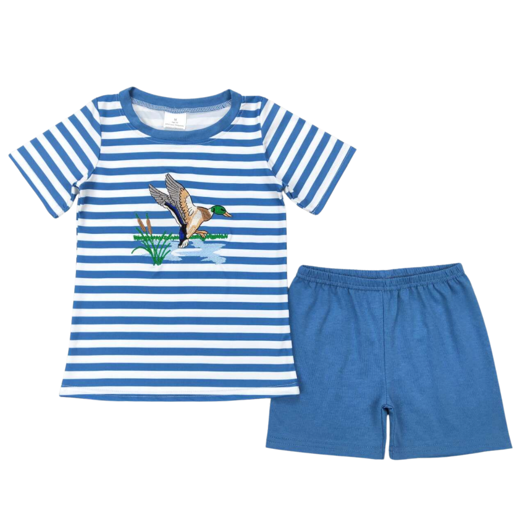 Embroidered Blue Striped Mallard Duck Set