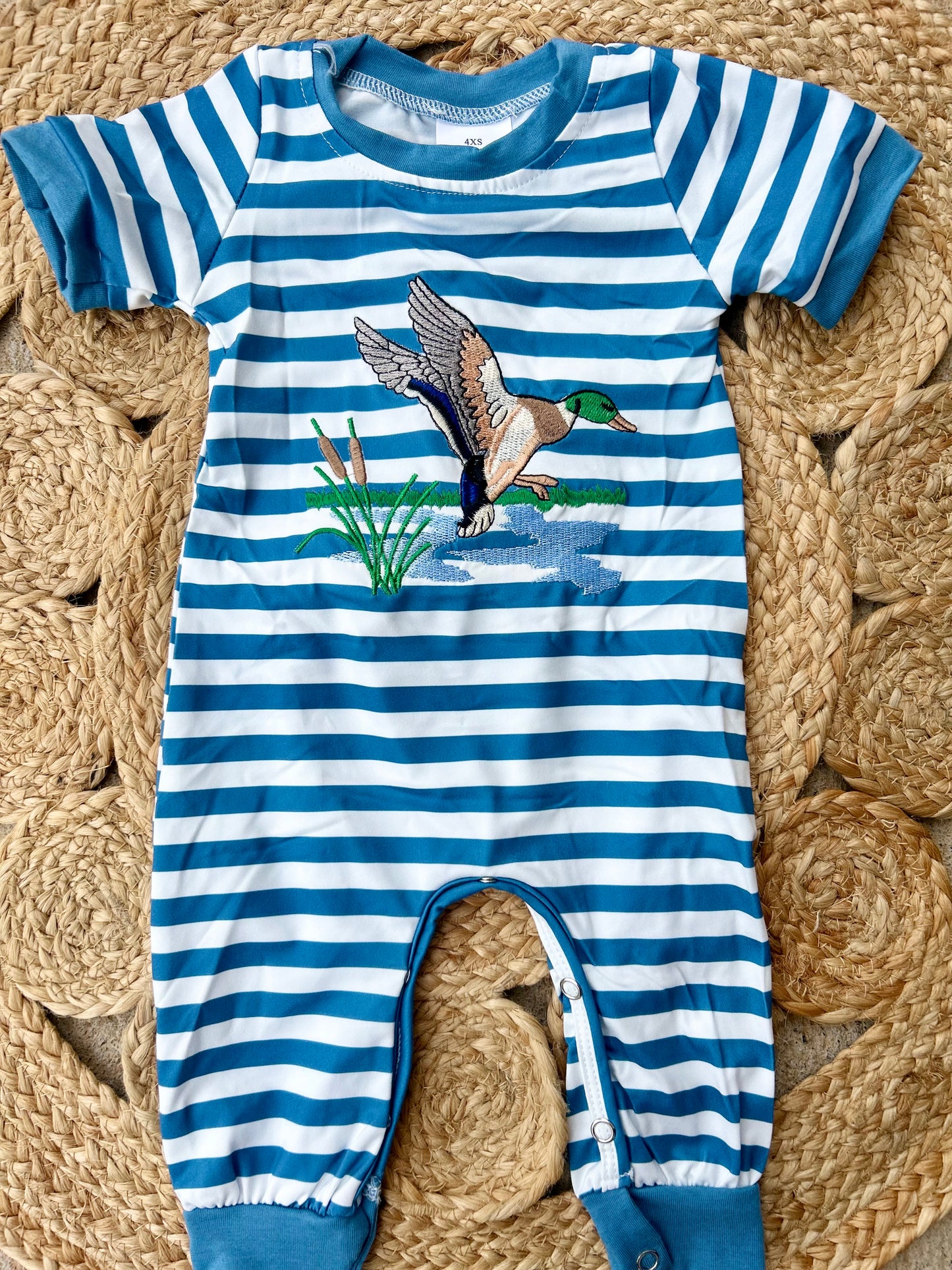Embroidered Mallard Striped Romper