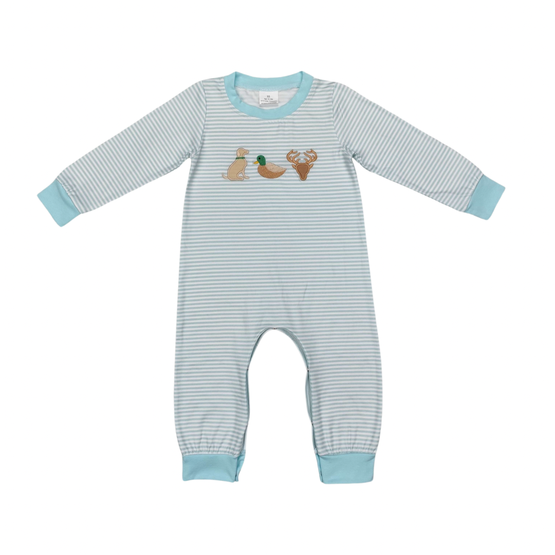 Embroidered Dog, Duck, Deer Long Romper