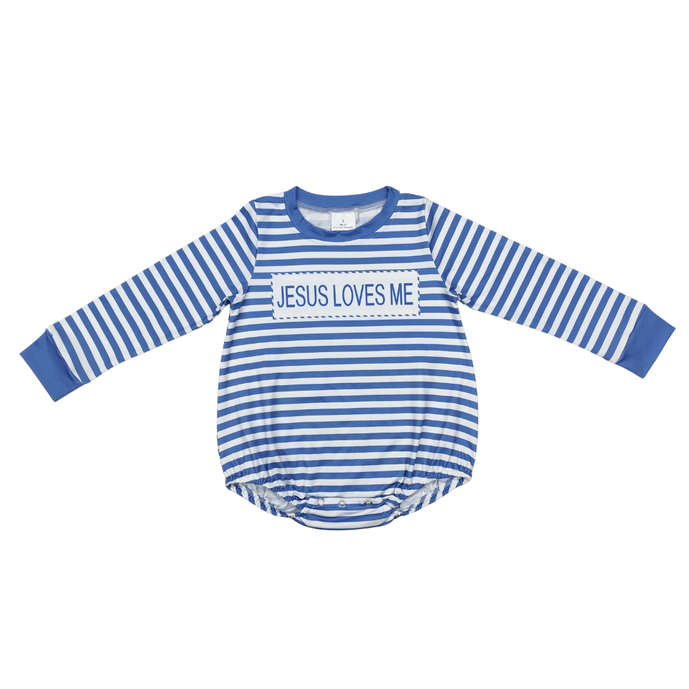 Jesus Loves Me Blue Striped Romper