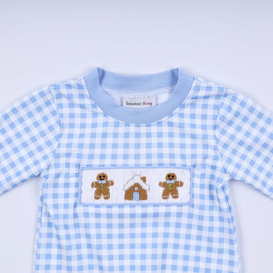 Blue gingerbread hand smocked gingham romper