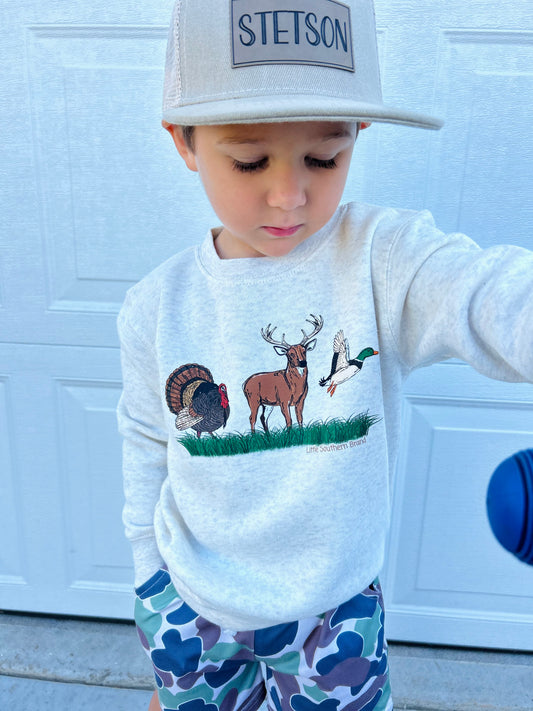 Turkey, Deer & Duck Crewneck - Natural Heather