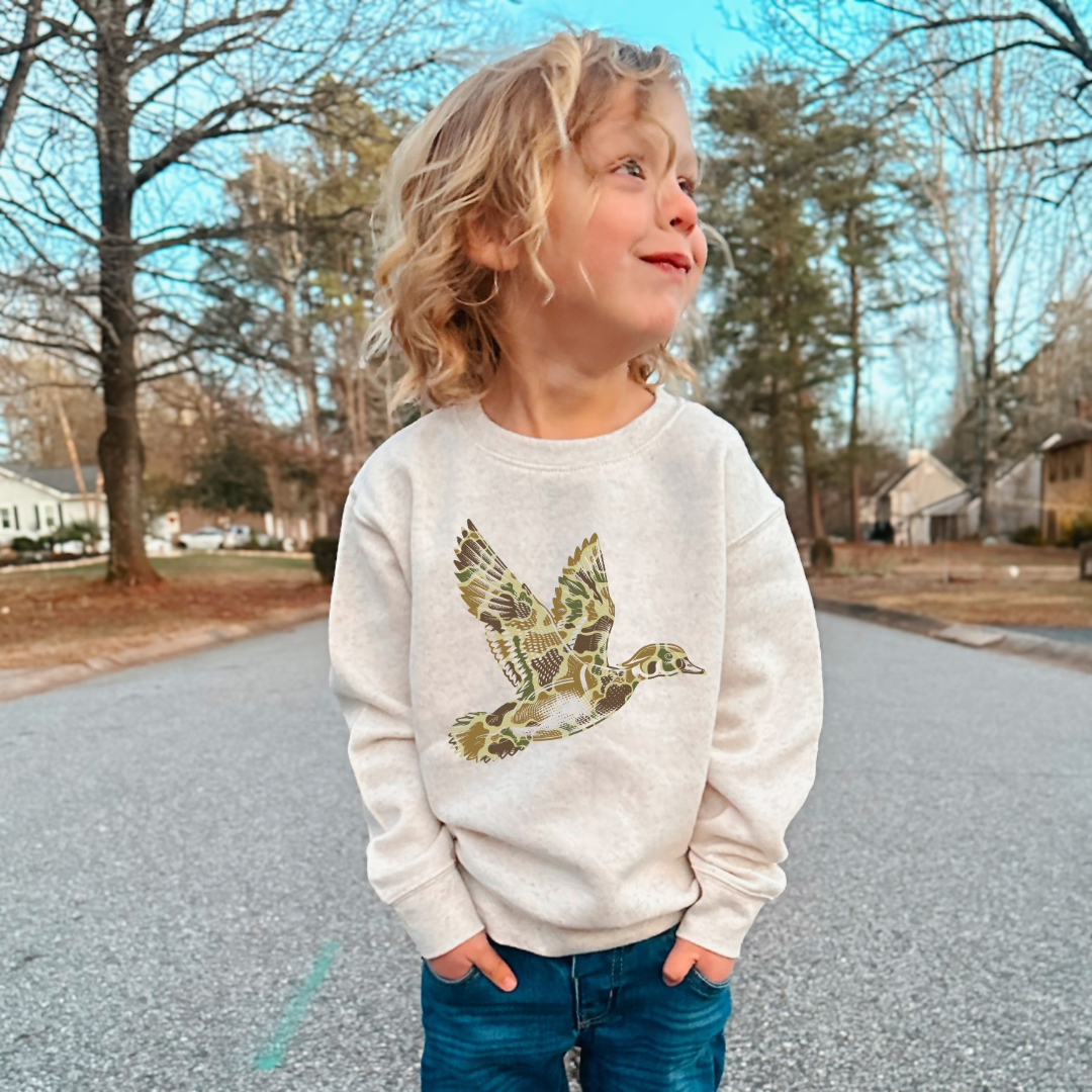 Camo Distressed Duck Front Design Crewneck